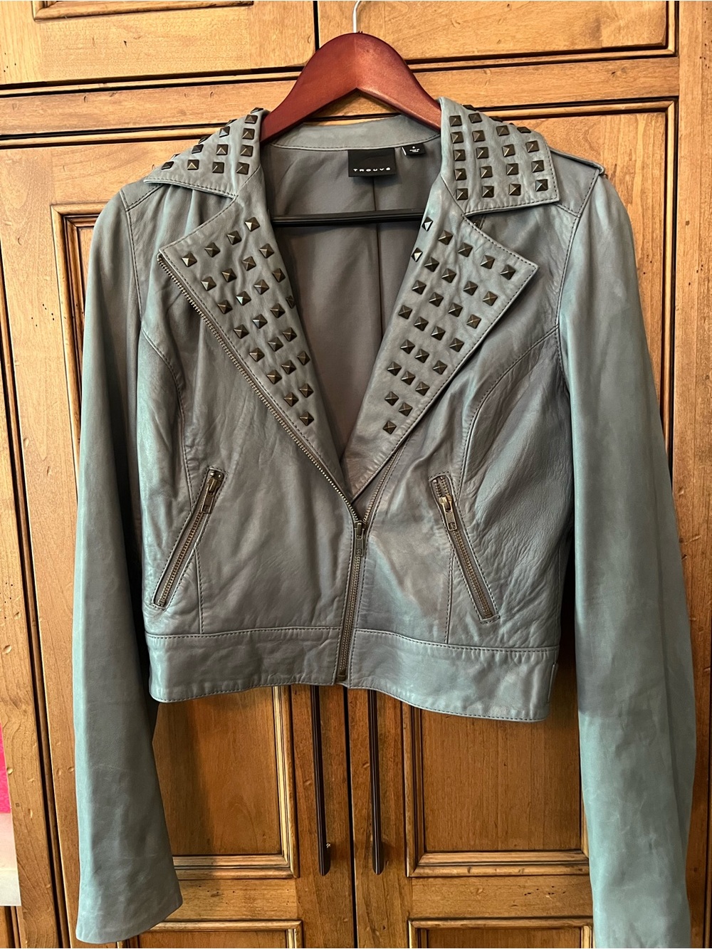 Trouve Gray Studded Leather Moto Jacket